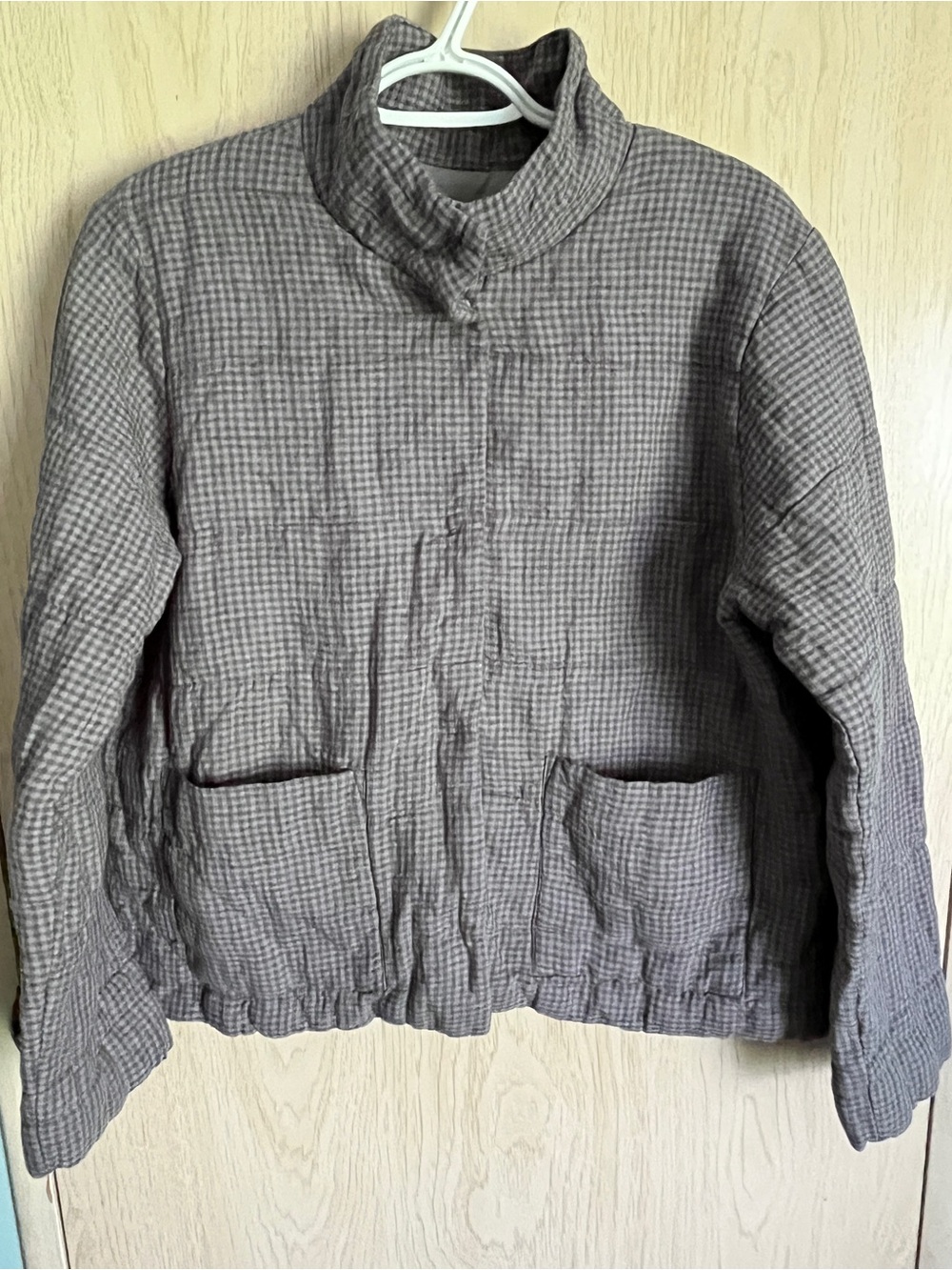 Eileen Fisher Organic Linen Puff stand Up Collar Jacket Grey Check Sz S / P - Picture 2 of 11